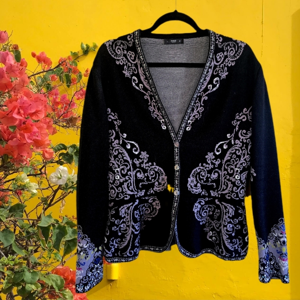 Lovely IVKO Black Floral Fitted Peplum Cardigan Size 10 EUR 40 Cotton